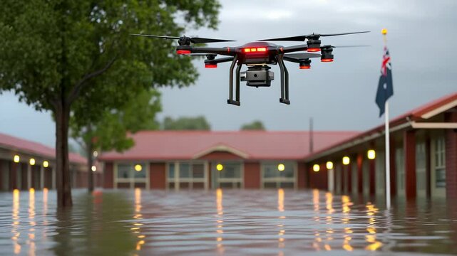 Aerial drone survey of flood-damaged homes reveals extent of disaster impacting residential buildings and infrastructure.  Drone technology aids assessment and recovery efforts.