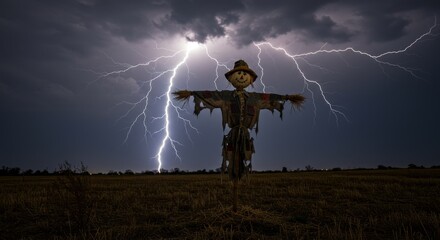 Scarecrow in a Field During a Dramatic Lightning Storm