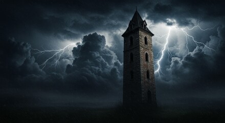 Stone Tower During a Dramatic Night Storm