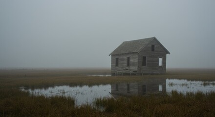 Abandoned House in Foggy Marshland