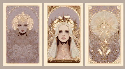 ornamental label design | goddess symbolism | romantic serenity | pale lavender and copper | frontal portraiture | botanical frames | floral halo framing | gold ink overlay | Slavic mythology revival