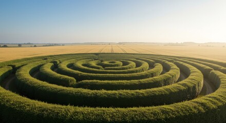 Aerial View of a Green Hedge Maze in a Wheat Field