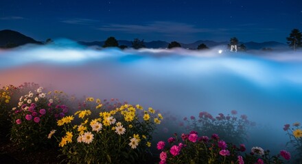 Night Garden with Illuminated Flowers and Foggy Mountains