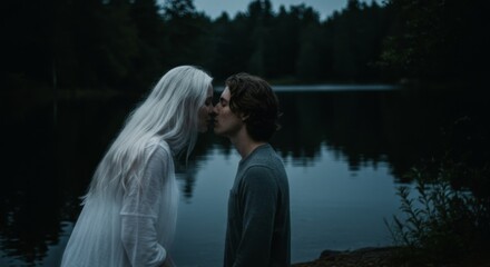 Young Couple Sharing Intimate Moment by Dark Lake at Dusk