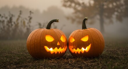 Two Glowing Jack-o'-Lanterns in a Foggy Field