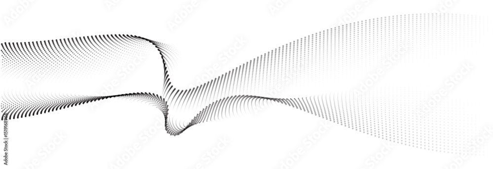 Fototapete Flowing dot particles wave pattern halftone black gradient smooth curve shape isolated on transparent background. Vector in concept of technology, science, music, modern.