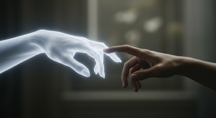 Glowing Translucent Hands Touching in a Soft Blurred Background