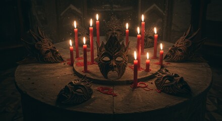 Ornate Mask and Red Candles on a Stone Table