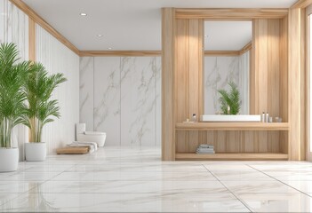 Modern bathroom with marble walls, wooden accents, and plants.  Clean lines and minimalist design create a serene atmosphere
