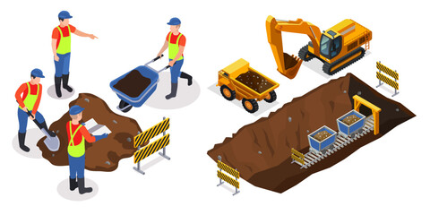 Naklejka premium Isometric Illustration of Construction Workers and Heavy Equipment in Excavation. An isometric view of a construction site, showing workers using shovels, wheelbarrows, and heavy machinery.