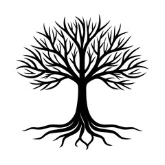 Obraz premium Classic black tree illustration with roots depicting growth and life on white background
