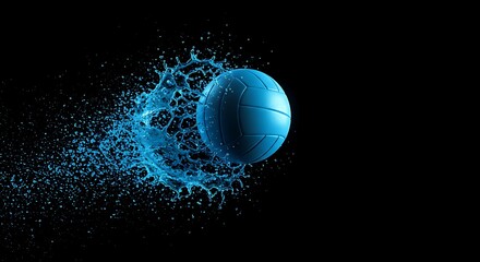 Fototapeta premium Dynamic blue volleyball suspended in water splash on dark background
