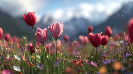 Fototapeta premium A vibrant field of pink and red tulips in the foreground, sharply focused against a softly blurred backdrop of snow-capped mountains and diverse wildflowers