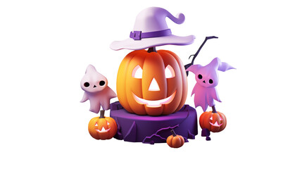 Cute Halloween Pumpkin & Ghosts on transparent background