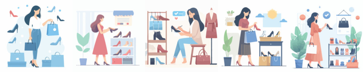 vector of a woman shopping for shoes