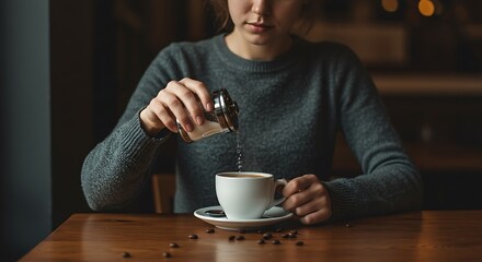 Person Adding Sugar to Coffee Cup in Cafe