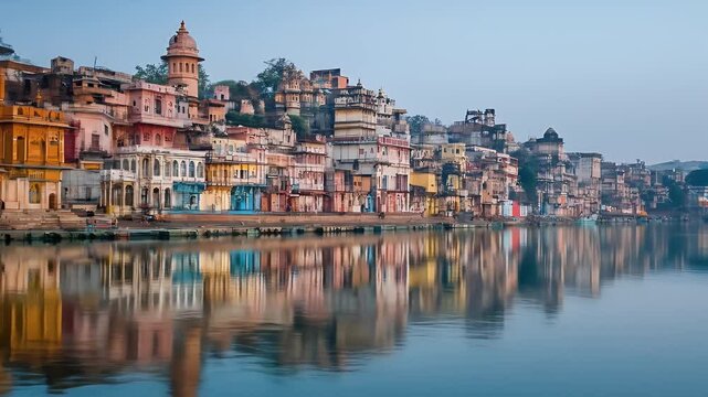Peaceful Yamuna River in Mathura Reflecting the Colorful Architecture and Cityscape Under a Soft Sky in India