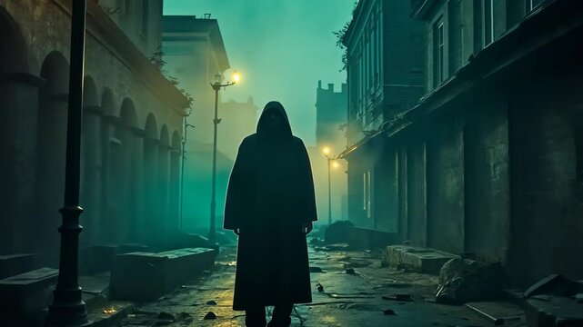 Silhouette Evil, Dark Alley, Mysterious Figure. Urban Thriller. Shadow casts ominous vibes. Figure vanishes into thin air. Atmosphere heightens suspense tension.