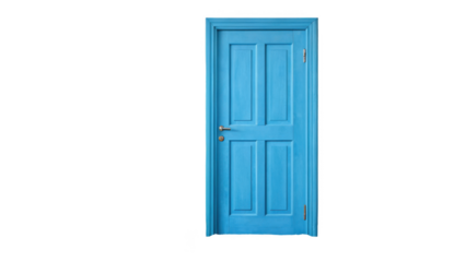 Classic light blue wooden door with metal handle and transparent background, ideal for concepts related to new opportunities, choices and beginnings