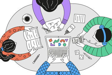  Top view vector illustration of people studying at one table using different methods: laptop, book, smartphone, and paper. Combines online and offline education in a modern setting.
