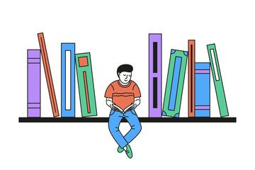 Vector illustration of a boy sitting on a bookshelf and reading a book. Cozy scene symbolizing love for reading, knowledge, and imagination.