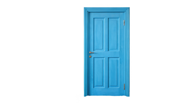 Classic light blue wooden door with metal handle and transparent background, ideal for concepts related to new opportunities, choices and beginnings