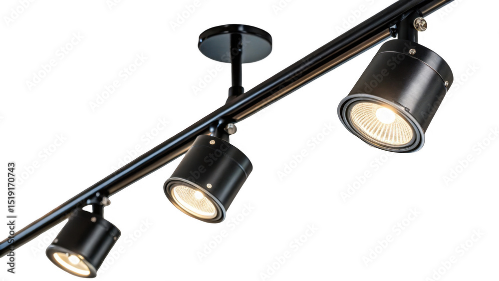 Poster three spotlights hanging from a ceiling rail system provide a warm, inviting glow, ideal for modern 