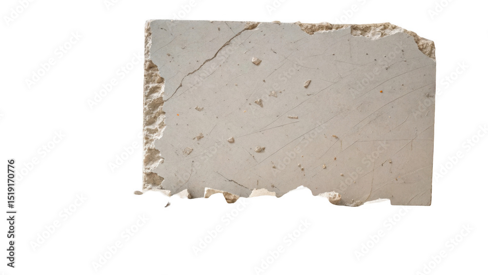 Poster Close up of a broken concrete slab featuring jagged edges, cracks, and a rough texture, isolated on a transparent background for seamless compositing
