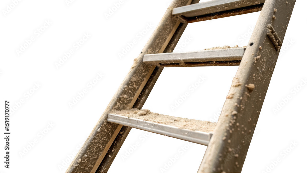 Poster close up of a dirty ladder with sand and debris on its steps, leaning against a transparent backgrou
