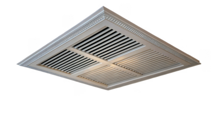 White ceiling air vent diffuser isolated on a transparent background, enhancing air circulation and distribution within hvac systems for optimal comfort and energy efficiency