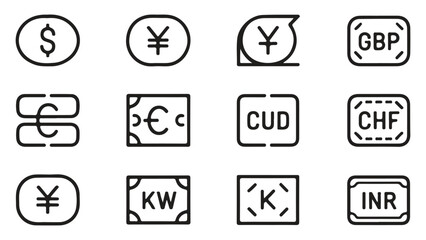A collection of black line art icons representing different international currencies.