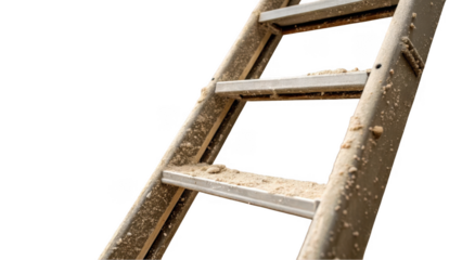 Close up of a dirty ladder with sand and debris on its steps, leaning against a transparent background, symbolizing construction, renovation, or maintenance work