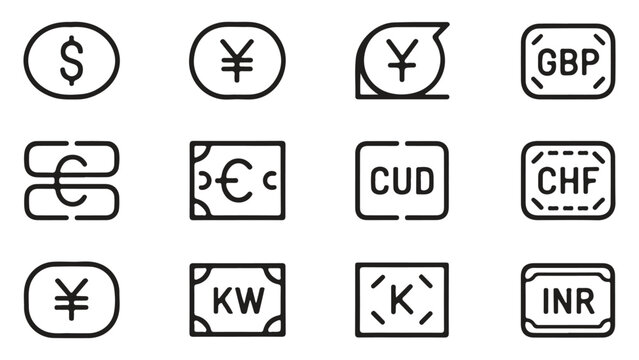 A collection of black line art icons representing different international currencies.