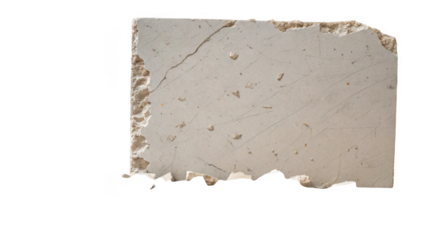 Close up of a broken concrete slab featuring jagged edges, cracks, and a rough texture, isolated on a transparent background for seamless compositing