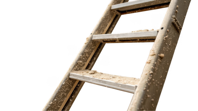 Close up of a dirty ladder with sand and debris on its steps, leaning against a transparent background, symbolizing construction, renovation, or maintenance work