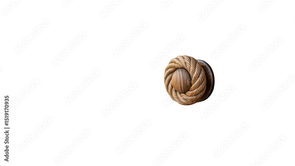 Poster close up of a uniquely designed round wooden door handle featuring intricate rope detailing, set aga