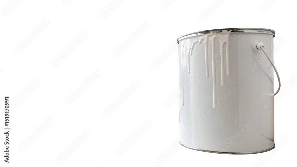 Poster white paint is dripping down the side of a white paint can with a metal handle, set against a transp