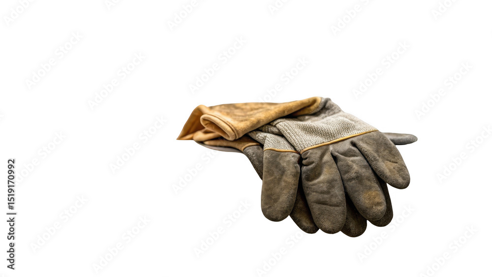 Poster work gloves are lying on a transparent background, showing signs of wear and tear, suggesting they h