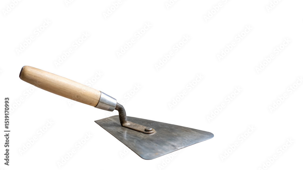 Poster old trowel featuring a wooden handle and a metal blade, isolated against a transparent background, i