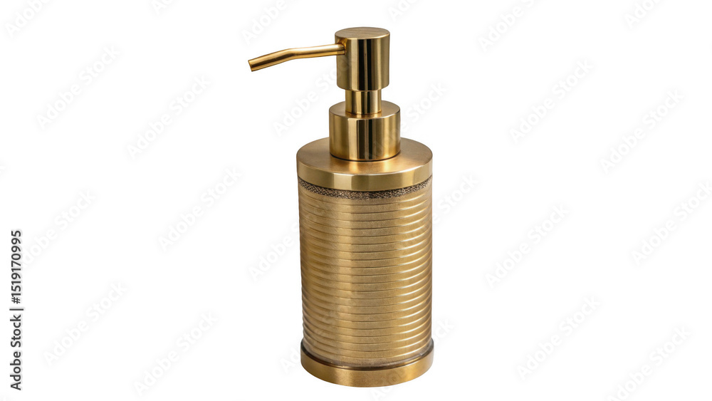 Poster golden soap dispenser featuring a sleek design and ribbed texture, standing out against a transparen
