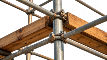 Close up view of industrial scaffolding featuring sturdy wooden planks and metal pipes, showcasing construction materials against a transparent background. Ideal for construction themes