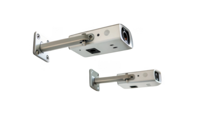 Two security cameras are attached to supporting structures, with their lenses and other components visible, set against a transparent background