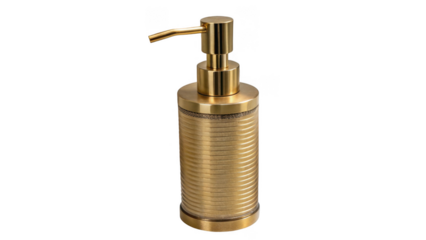 Golden soap dispenser featuring a sleek design and ribbed texture, standing out against a transparent background while highlighting the importance of hygiene and elegant bathroom accessories