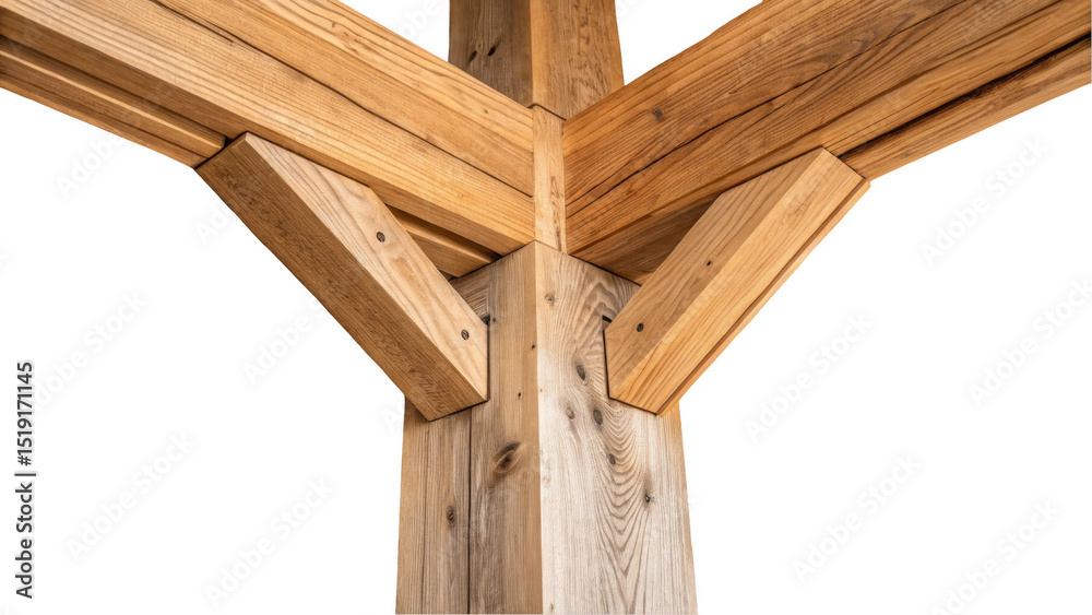 Poster close up of intersecting wooden beams and supporting pillar, showcasing joinery details and transpar
