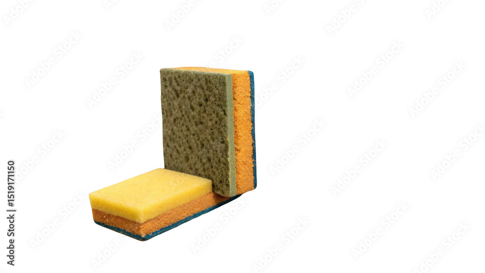 Poster Two colorful cleaning sponges standing upright against a transparent background, allowing for easy isolation and versatile use in various design projects and creative applications