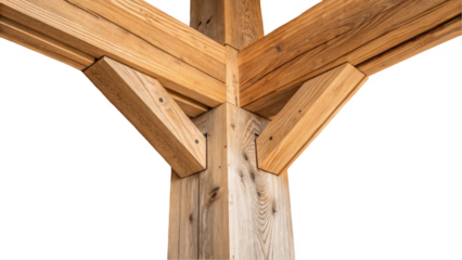 Close up of intersecting wooden beams and supporting pillar, showcasing joinery details and transparent background, ideal for architectural or construction themed projects