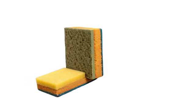 Two colorful cleaning sponges standing upright against a transparent background, allowing for easy isolation and versatile use in various design projects and creative applications