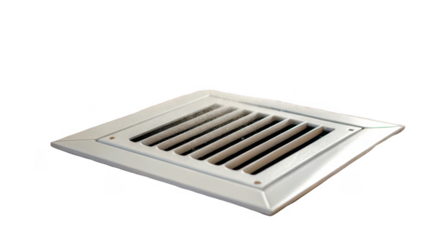 Dust and particles accumulating on a dirty air vent grille, indicating the need for cleaning and maintenance to improve air quality and prevent respiratory problems, on transparent background