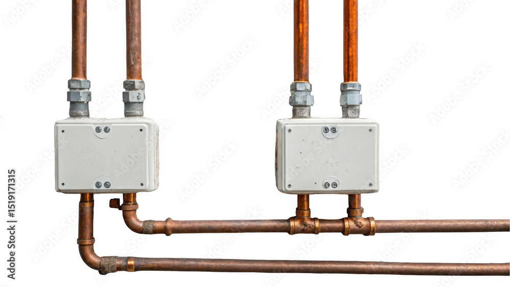 Aufkleber Copper pipes and electrical junction boxes are connected and creating a complex network against a transparent background, perfect for industrial designs and concepts