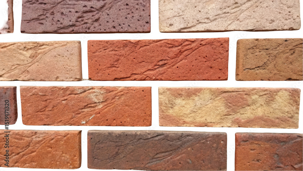 Poster Colorful bricks in various shades create a vibrant wall, serving as a versatile transparent background. Ideal for showcasing textures and patterns in architectural designs
